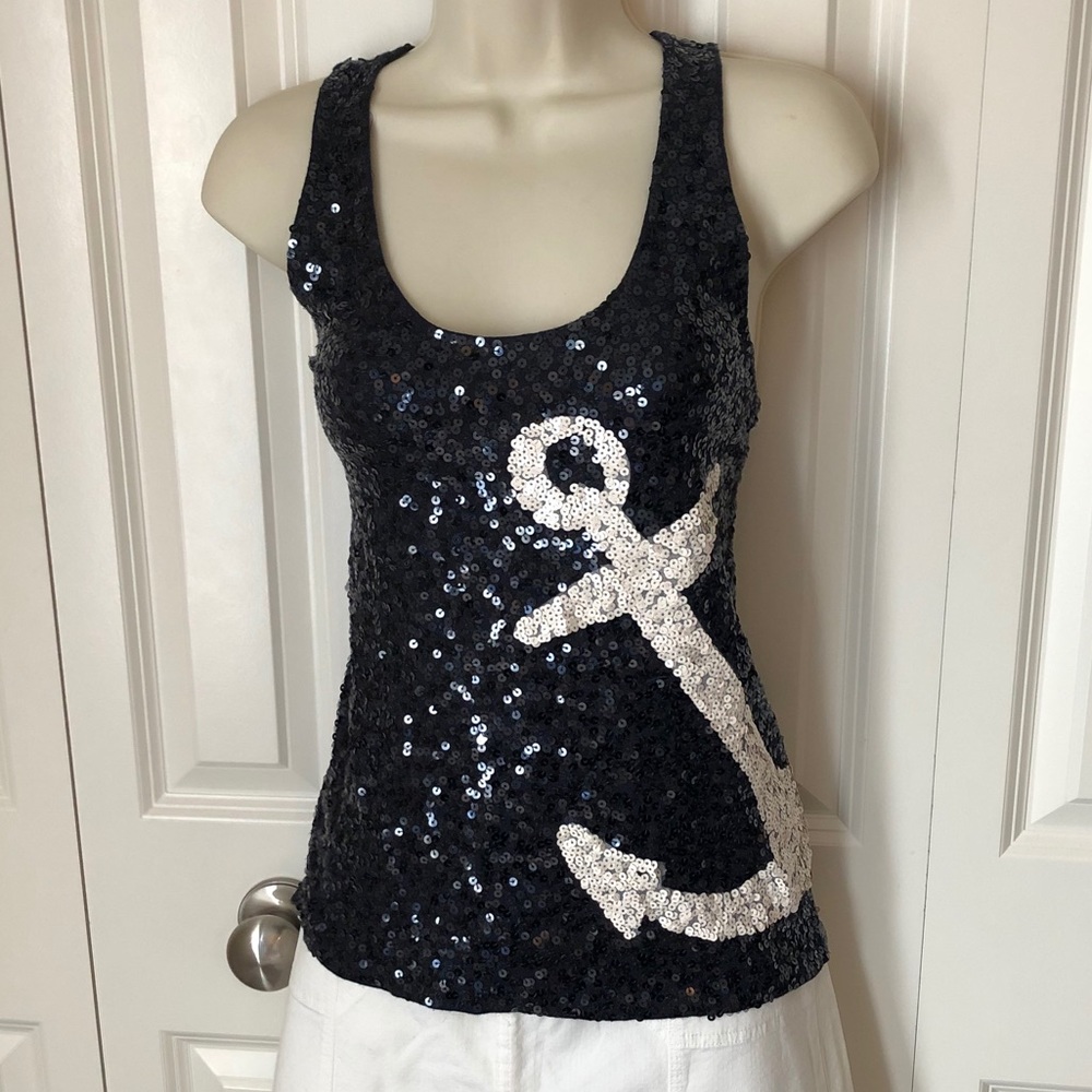 COPY - EUC JCrew blue and white sequin anchor tank small
